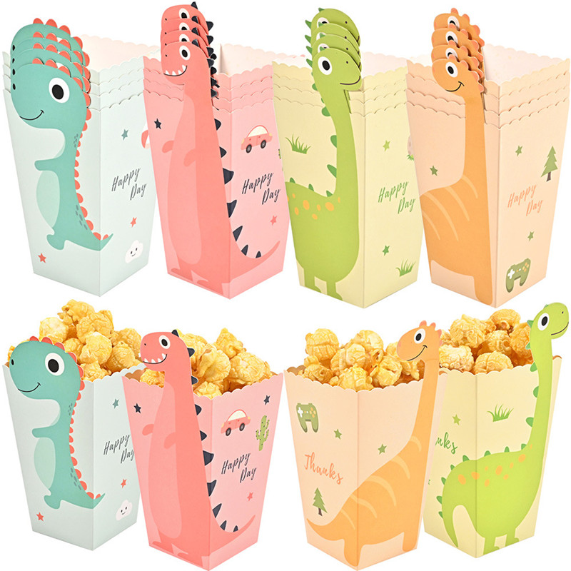 Event Party Box - 恐竜の絵が描かれた箱,4個,恐竜の絵,ポップコーンテーマ,誕生日パーティーの装飾,男の子と女の子のスナックボックス