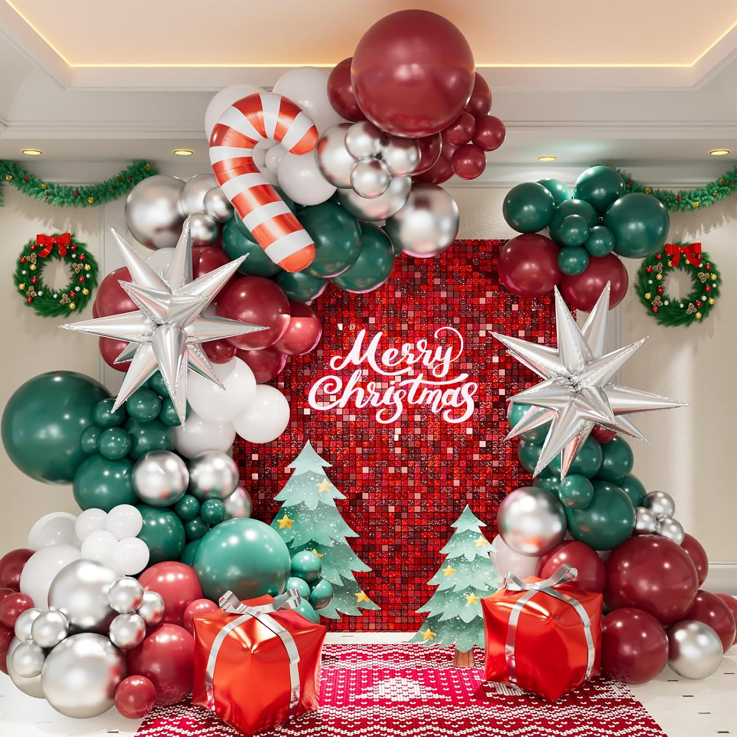 Balloon Arch Kit - クリスマスバルーンガーランドアーチキット（赤、緑、白、シルバーのバルーン、キャンディケイン、シルバーのエクスプローディングスター、ギフトボックス、フォイルバルーン入り）クリスマスパーティーのデコレーション、誕生日、クリスマスパーティー用品