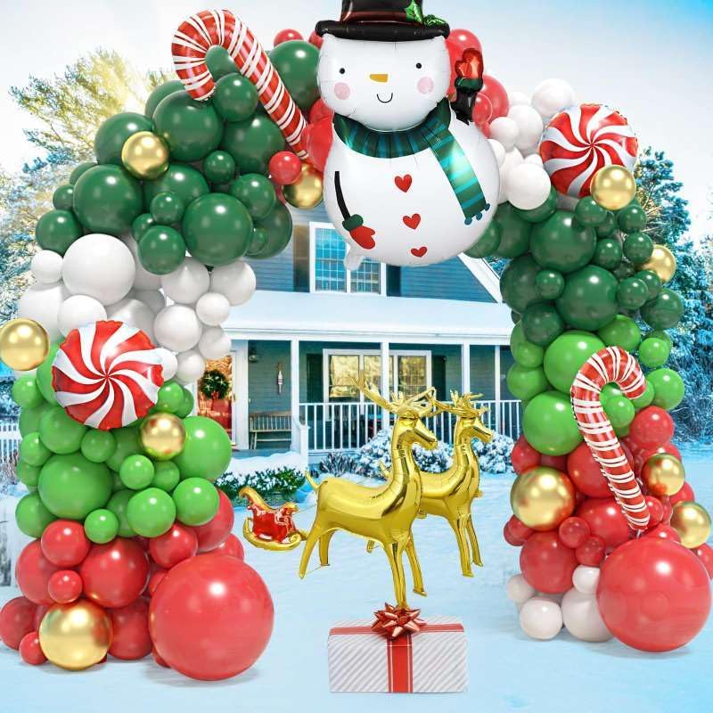 Balloon Arch Kit - 183個のクリスマスバルーンガーランドアーチキット、赤、金、緑、白のバルーンとクリスマスキャンディケイン、ロリポップ、そり、トナカイのフォイルバルーンで構成されており、クリスマスパーティーの装飾に最適です。