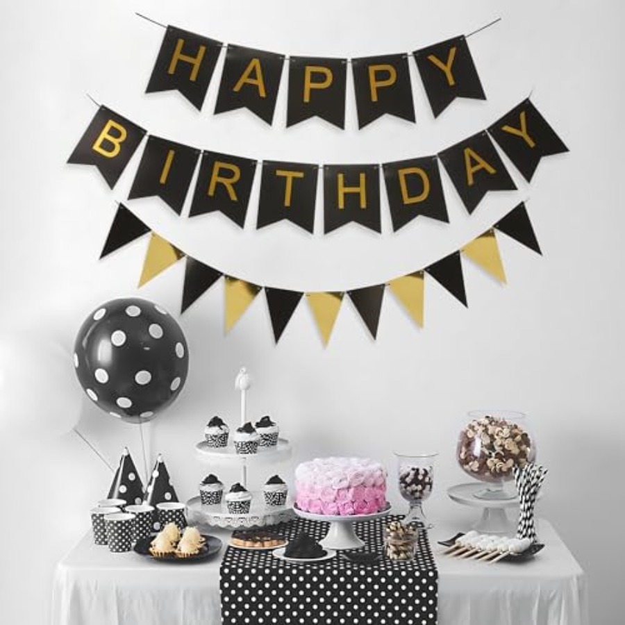 Party Banner Gold - 黒と金のストライプのバナーと三角旗セット | 誕生日パーティー装飾用お祝いバナーセット | 黒い背景