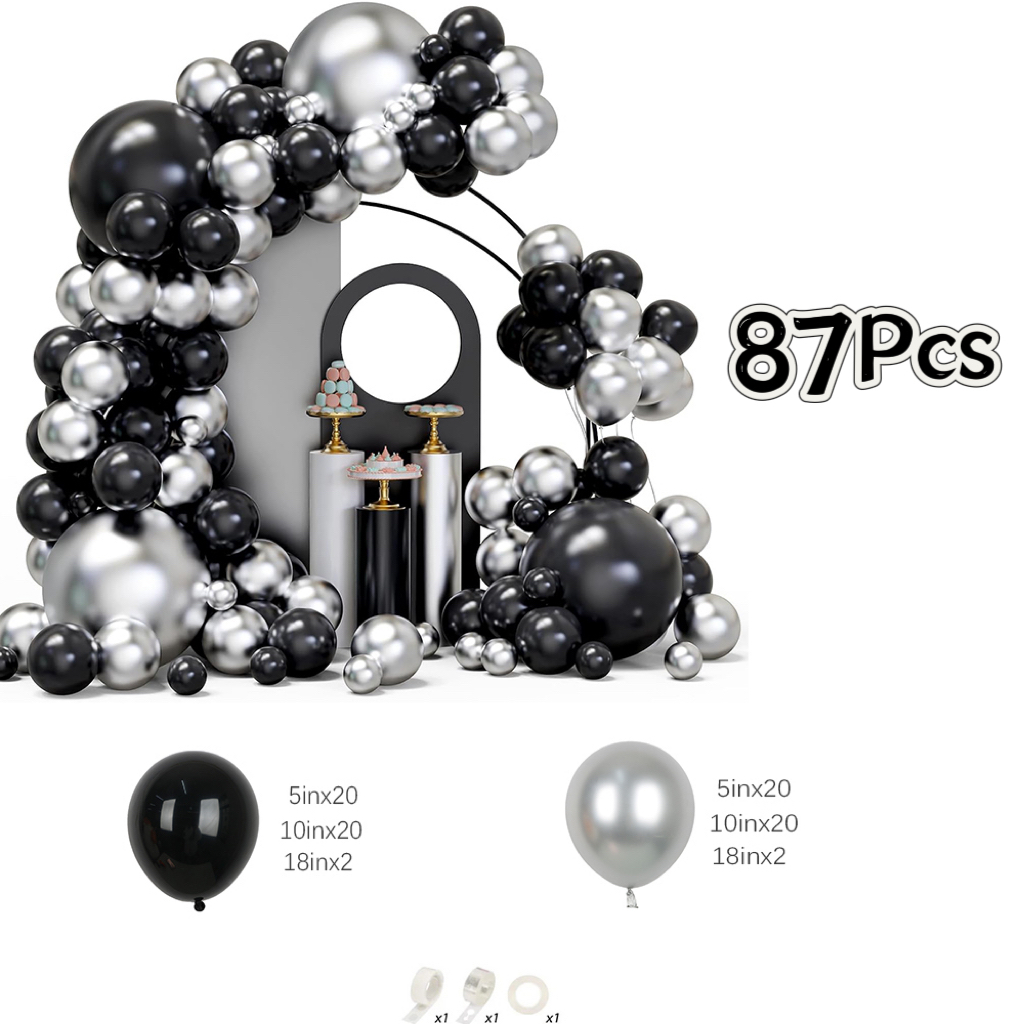 87個の黒とメタリックシルバーのバルーンガーランドアーチキッ - Balloon Arch Kit のレビューと価格