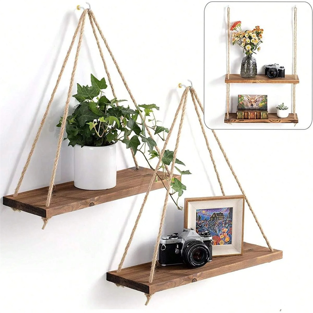 木製吊り棚1セット、スイング式麻縄壁掛け棚、フローティングホ - Flower Wall Panel のレビューと価格
