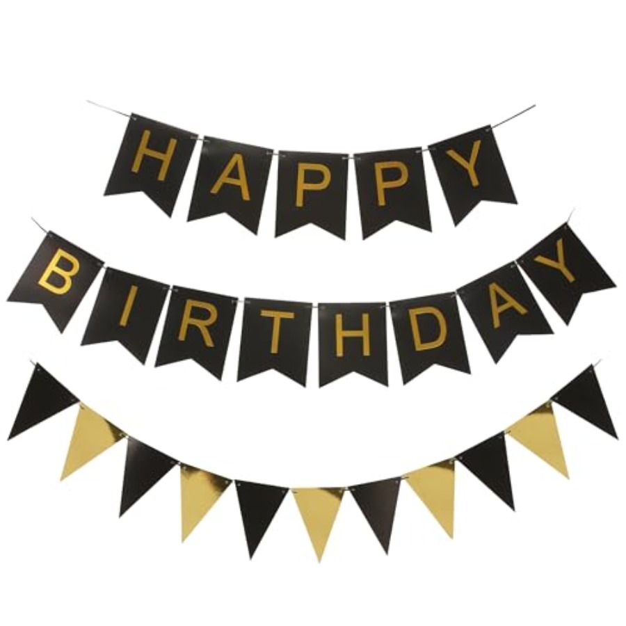 黒と金のストライプのバナーと三角旗セット |   誕生日パー - Party Banner Gold のレビューと価格